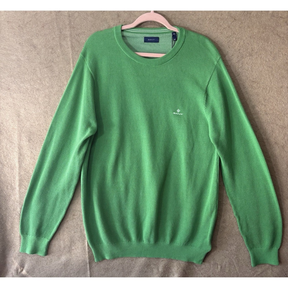 Gant Crew Neck Sweater Mens 2XL Green Cotton‎ Pique Jumper  Embroidered Logo NWT